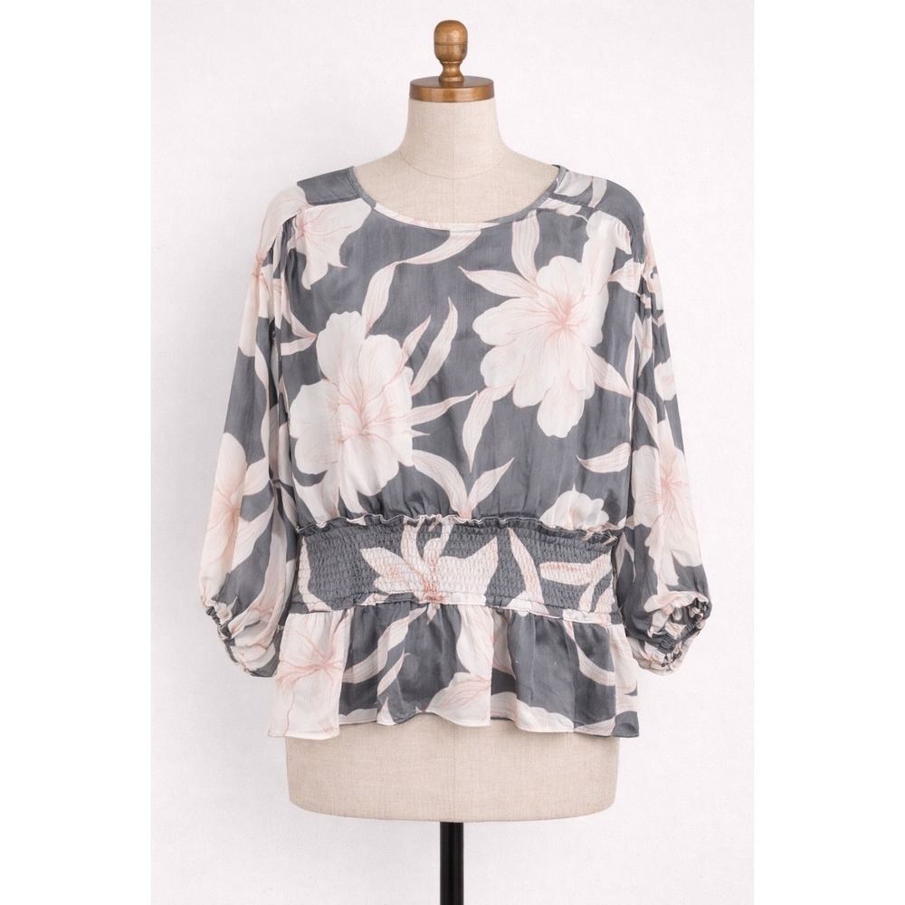 Ryegrass Floral Peplum Blouse XXL Gray Pink Smocked Waist‎ Sheer Long Sleeve Top